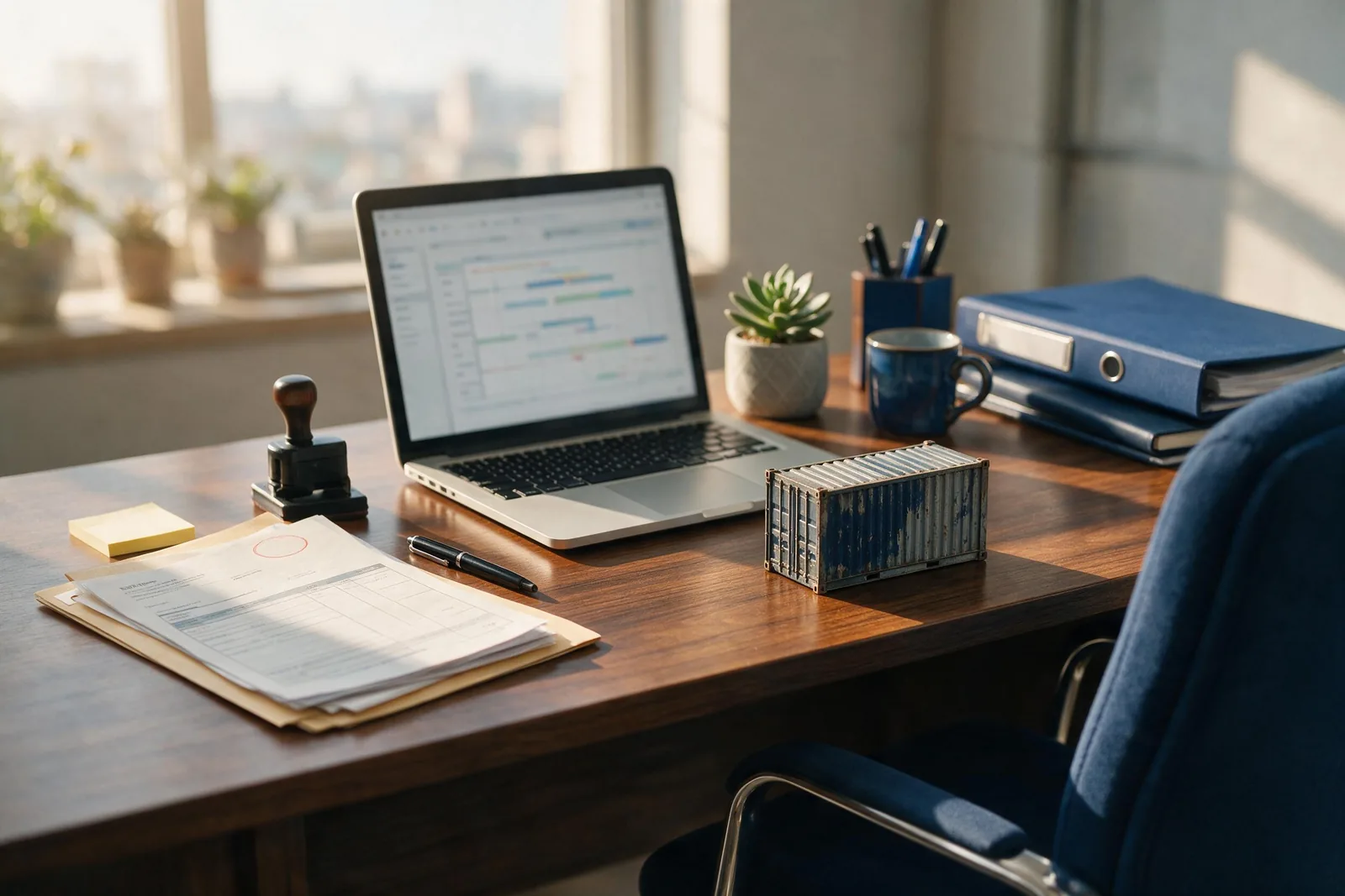 Escritorio de trabajo con un expediente de importación, una computadora con un cronograma en pantalla y una maqueta de contenedor