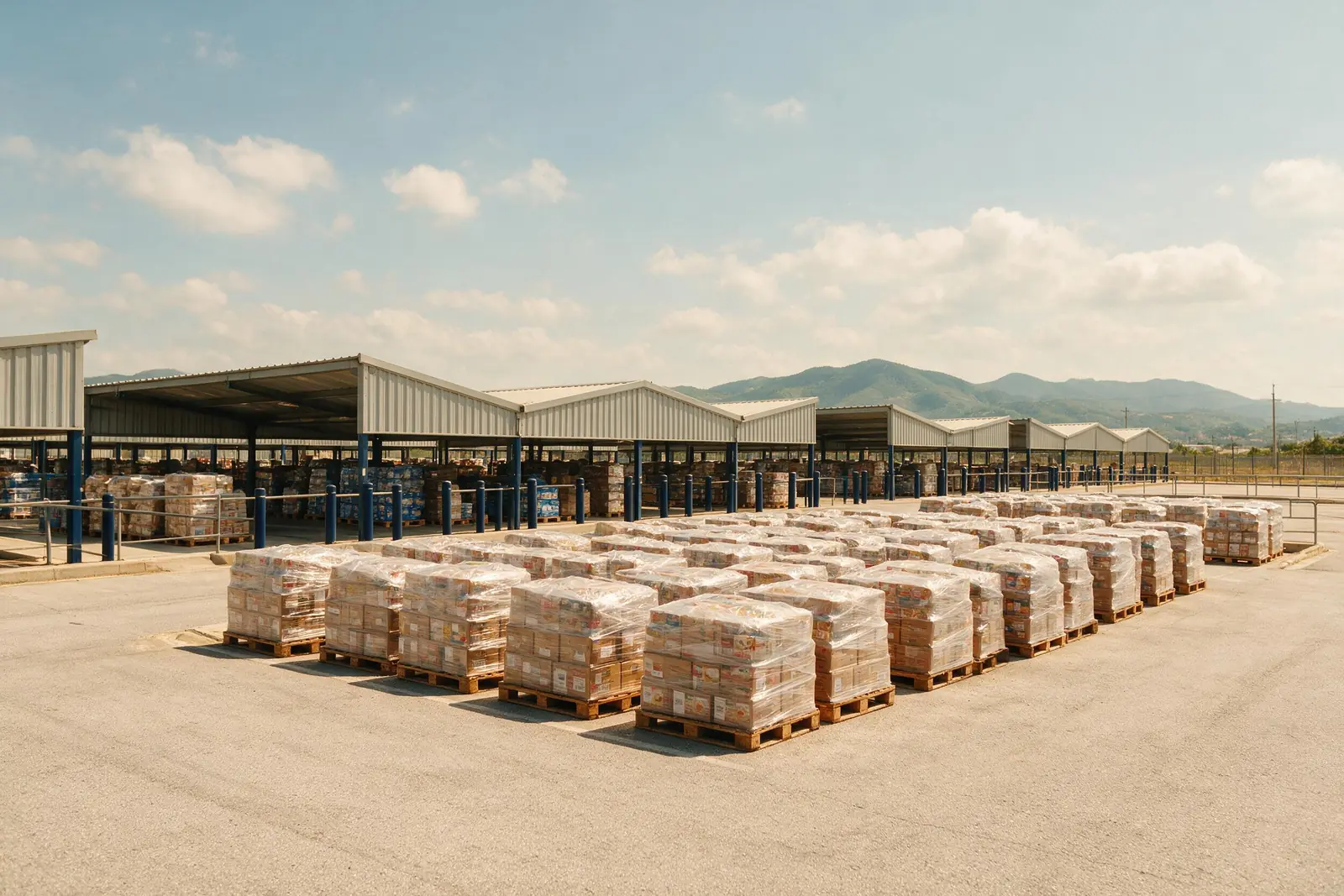 Patio de distribución con filas de pallets de mercancía de consumo envueltos en film, frente a naves techadas y montañas al fondo