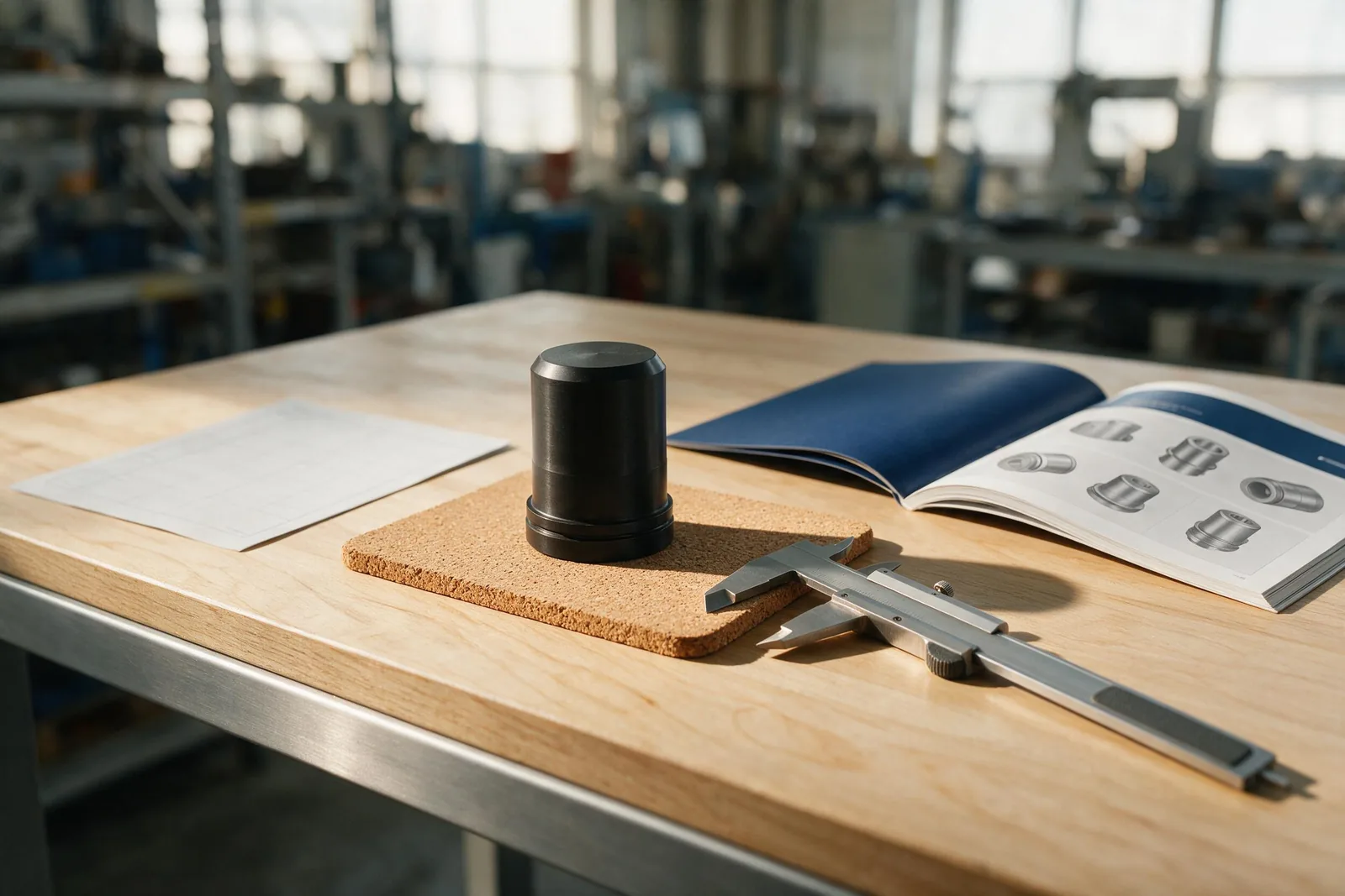 Mesa de trabajo con una pieza metálica, un calibrador y un catálogo técnico abierto, en un taller industrial