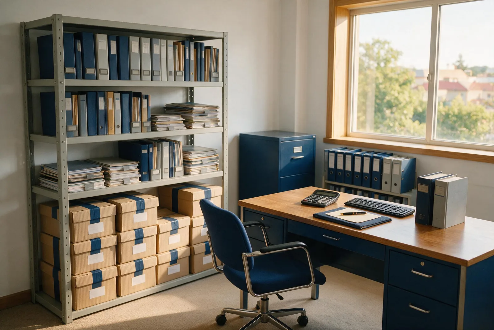Oficina con estantería de archivadores y expedientes junto a cajas selladas de producto, y un escritorio de trabajo