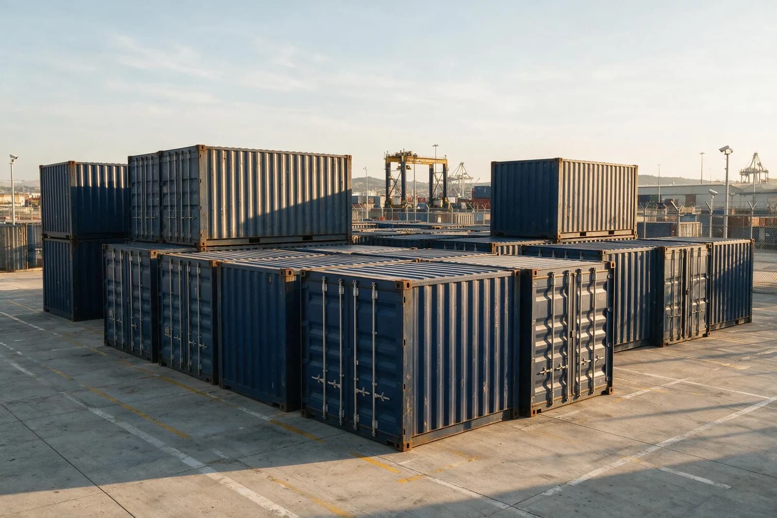 Contenedores cerrados y agrupados en un patio de control, con las grúas de una terminal al fondo