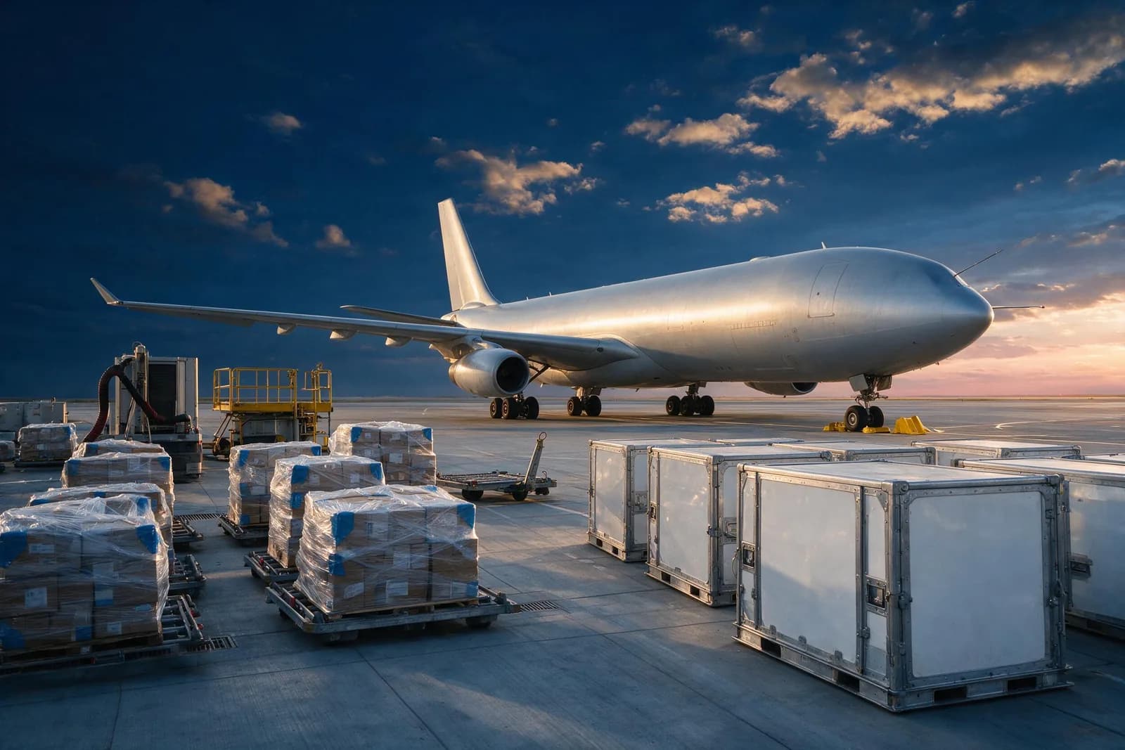 Avión carguero en plataforma al atardecer, con pallets de carga envueltos y contenedores aéreos listos para embarcar