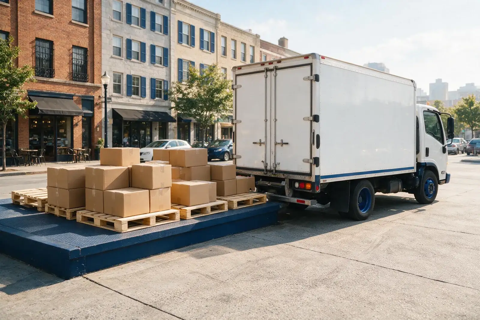 Camión de reparto estacionado junto a un muelle de carga con pallets y cajas preparadas para entrega