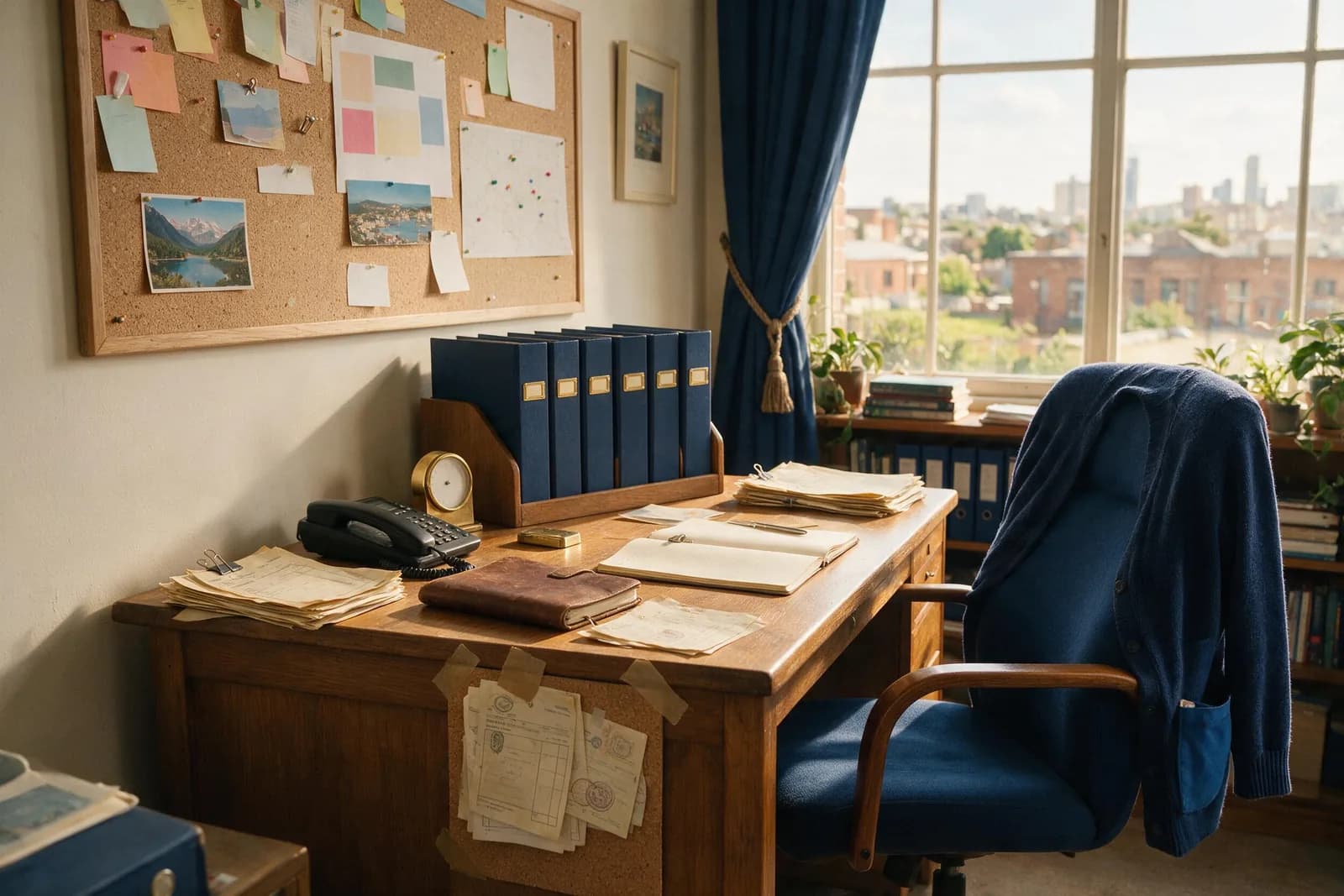 Puesto de trabajo con archivadores, expedientes y un teléfono sobre un escritorio de madera, junto a una ventana