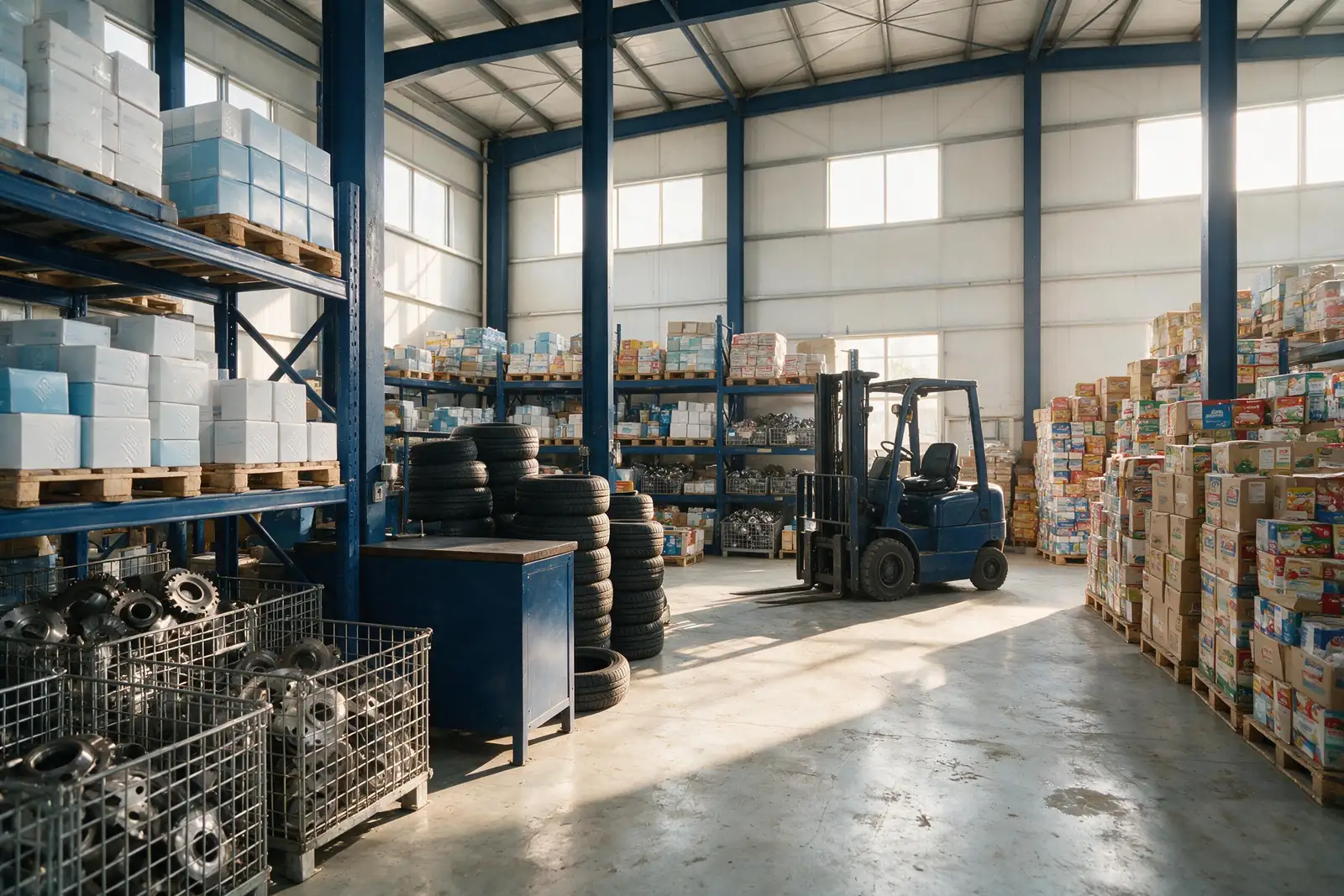 Bodega donde conviven cargas de sectores distintos: cajas de productos de salud, neumáticos, componentes metálicos y mercancía de consumo