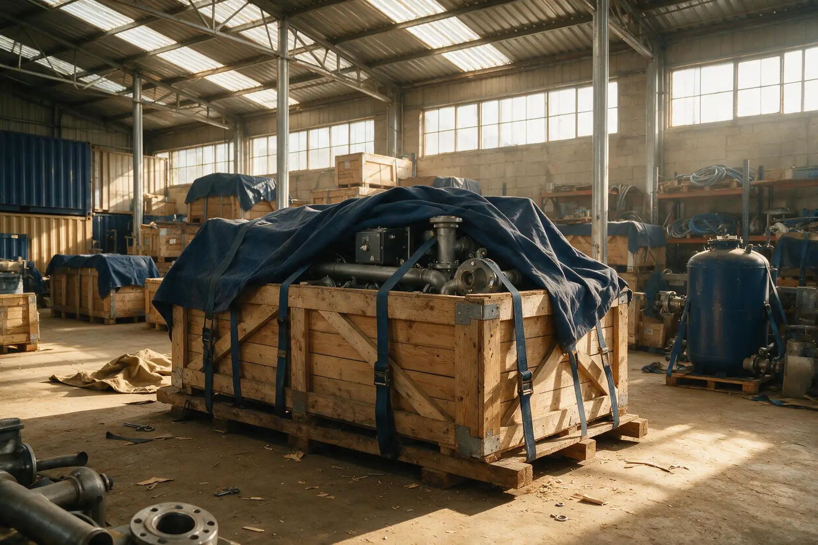 Equipo industrial embalado en una caja de madera con flejes y cubierta protectora, dentro de una nave con más bultos preparados
