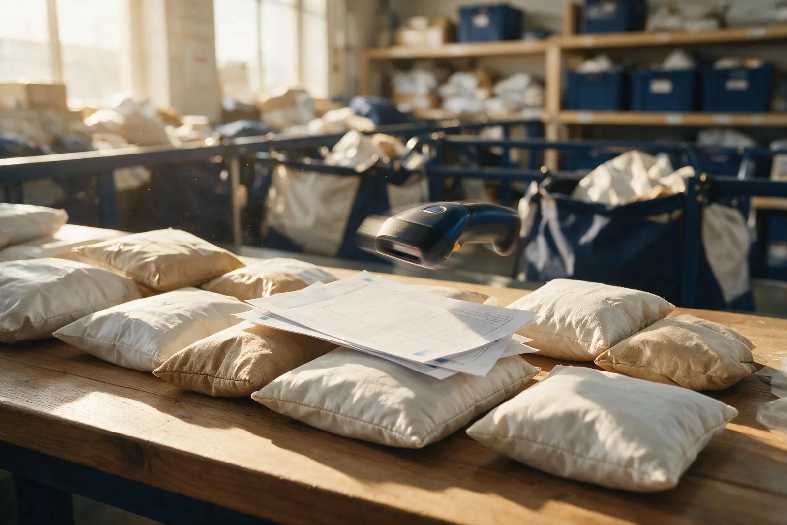 Mesa de clasificación de envíos courier con sobres acolchados, documentos de embarque y un lector de códigos