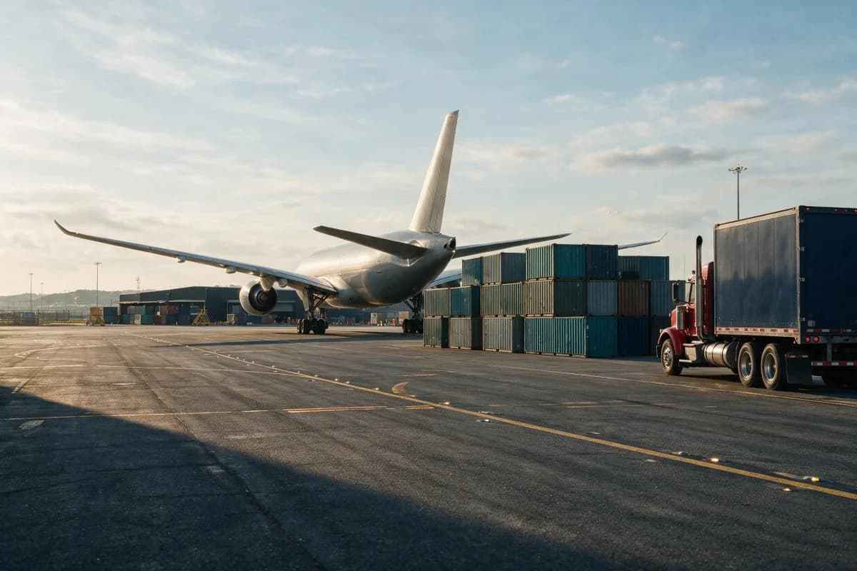 Carga aérea y contenedores en un centro logístico