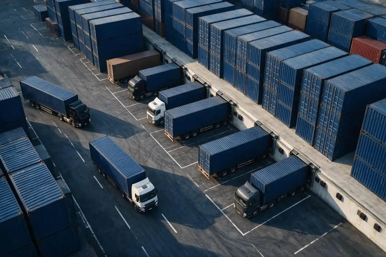 Vista aérea de una terminal donde varios camiones con contenedores maniobran entre bloques de contenedores apilados