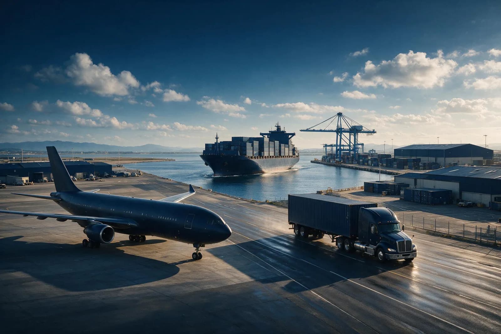 Terminal donde confluyen los tres modos de transporte: un avión carguero en plataforma, un buque portacontenedores navegando y un camión con contenedor en la vía