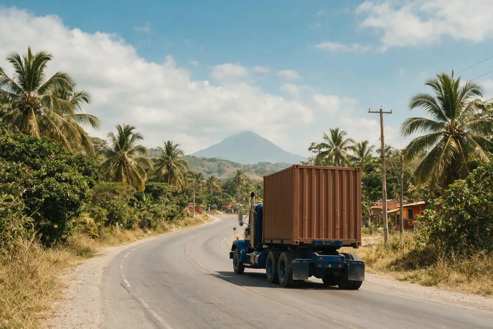 Cabezal con contenedor circulando por una carretera centroamericana entre palmeras, con un volcán al fondo
